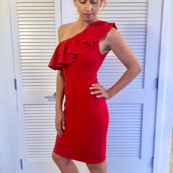 Apple Red Stretch one-Shoulder Ruffle Dress - Picture 5 of 8